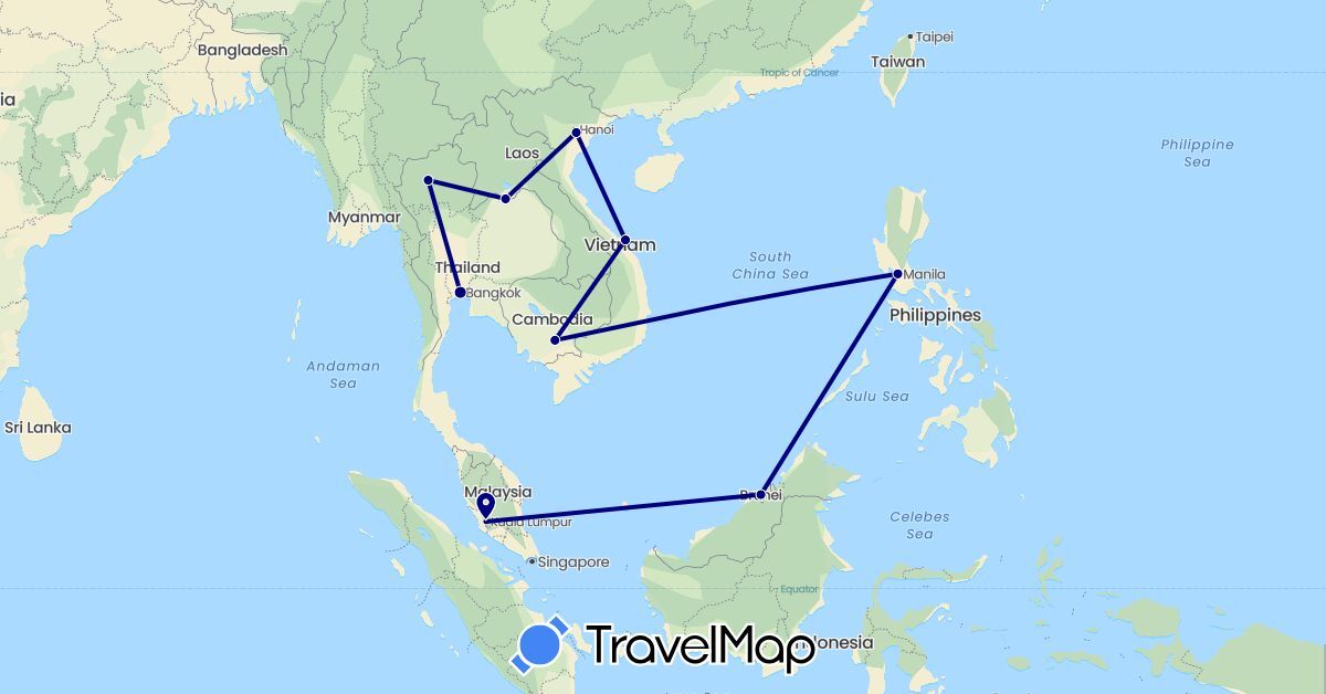 TravelMap itinerary: driving in Brunei, Cambodia, Laos, Malaysia, Philippines, Thailand, Vietnam (Asia)